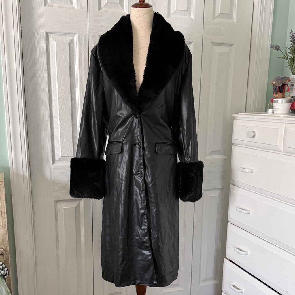 Shaci Leya Black Faux Fur Women's Began Leather Coat Sz L